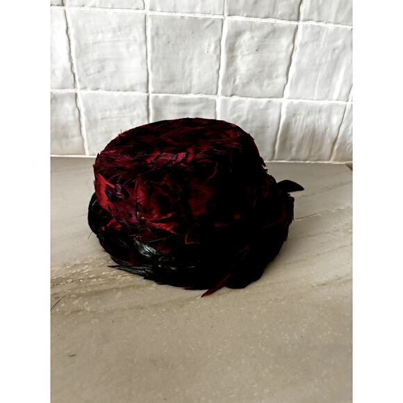 Vintage Chapeaux Louise Red Black Feather Pillbox Cocktail Hat Fascinator main image 2